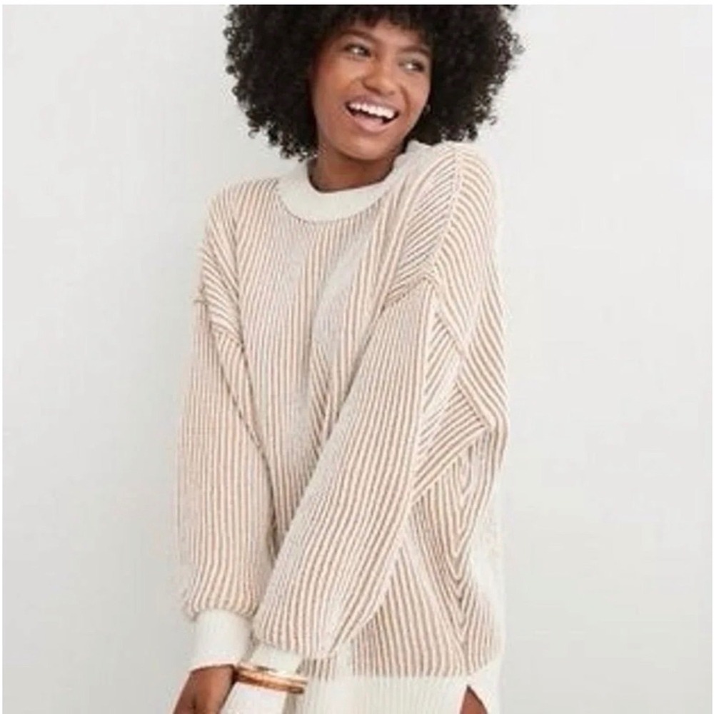 Aerie Beyond Chenille Sweater XS Toasty Brown White Striped Oversized Slouchy